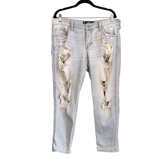 HOLLISTER Women's Blue Distressed Low-Rise Cropped Boyfriend Denim Jeans Size 15 - Picture 1 of 10